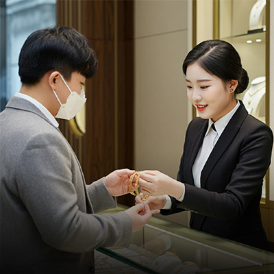 쥬얼리매장에서 팔찌를 사고 있는 남자와 상품을 설명하고 있는 점원